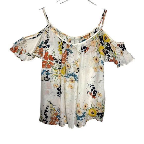 JOIE “Adorlee” White Floral Cold Shoulder blouse Top 100% silk Size Medium - Picture 1 of 8